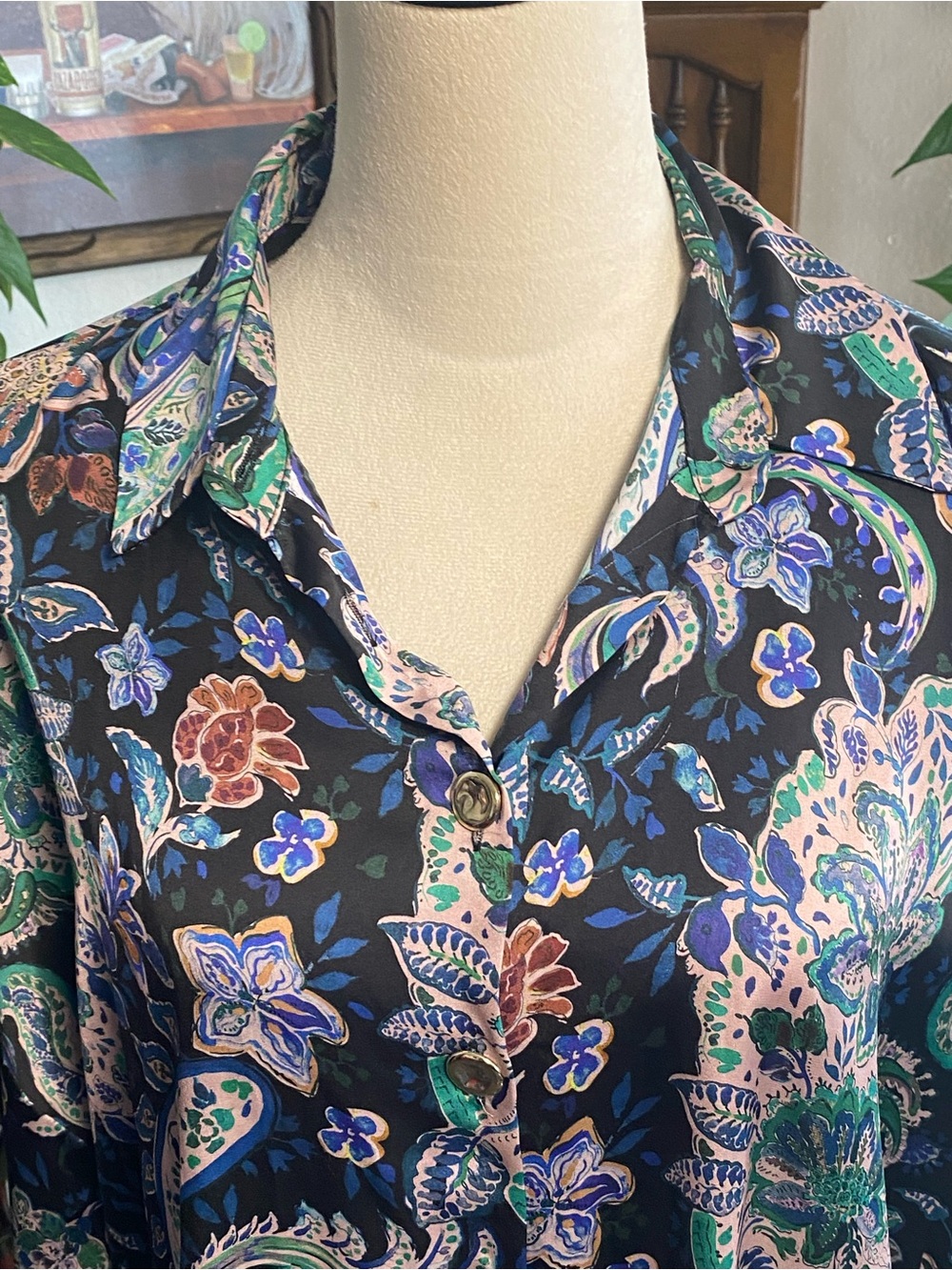 Zara Black Floral Paisley Button-Up Blouse with Green & Pink Accents - Picture 2 of 4